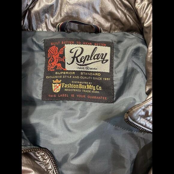 VTG REPLAY Men’s Moto Bomber Jacket Hood XXL Metallic Gray Polyamide Fashion Box - Picture 9 of 15